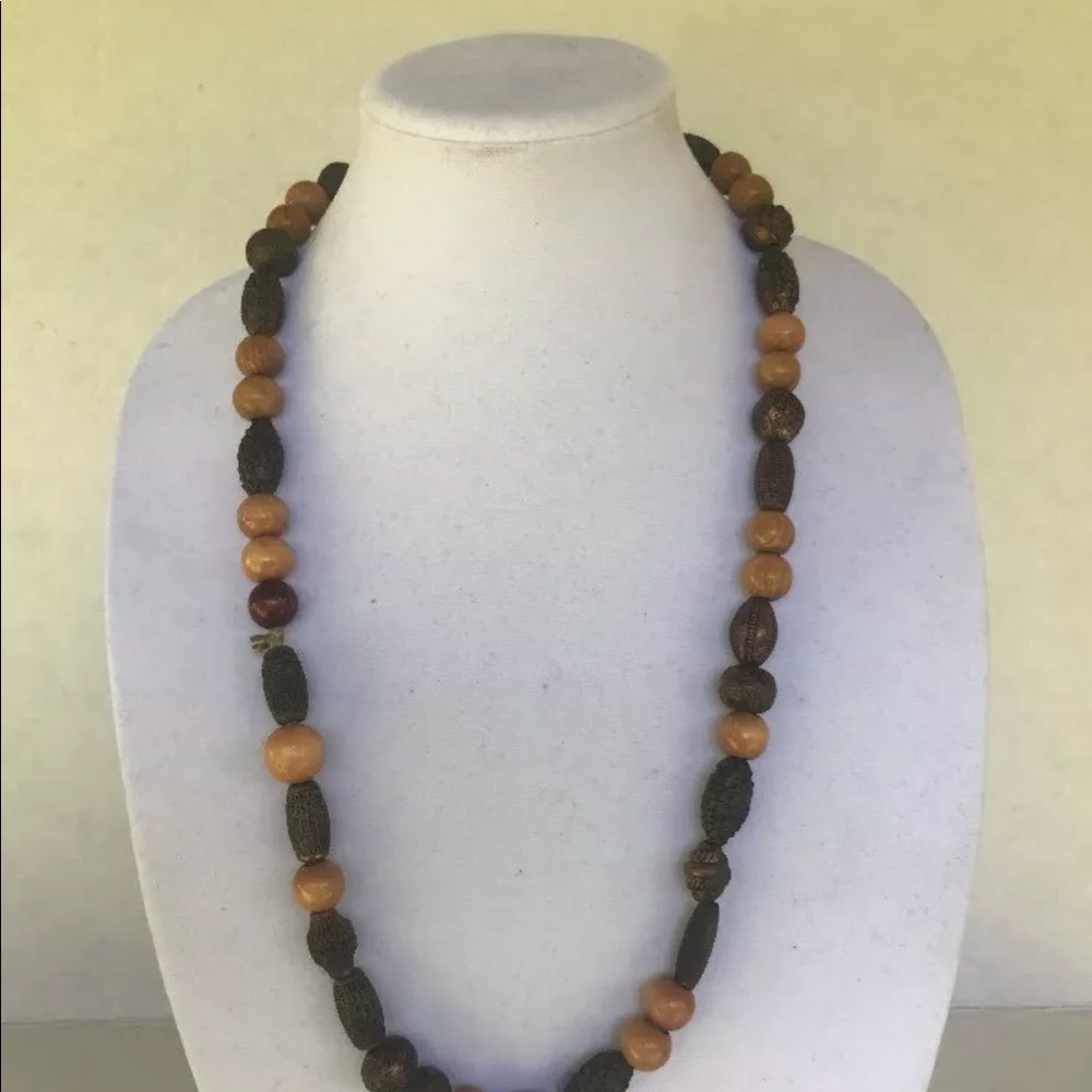 multi‎ color brown Wood beaded necklace 29 " long